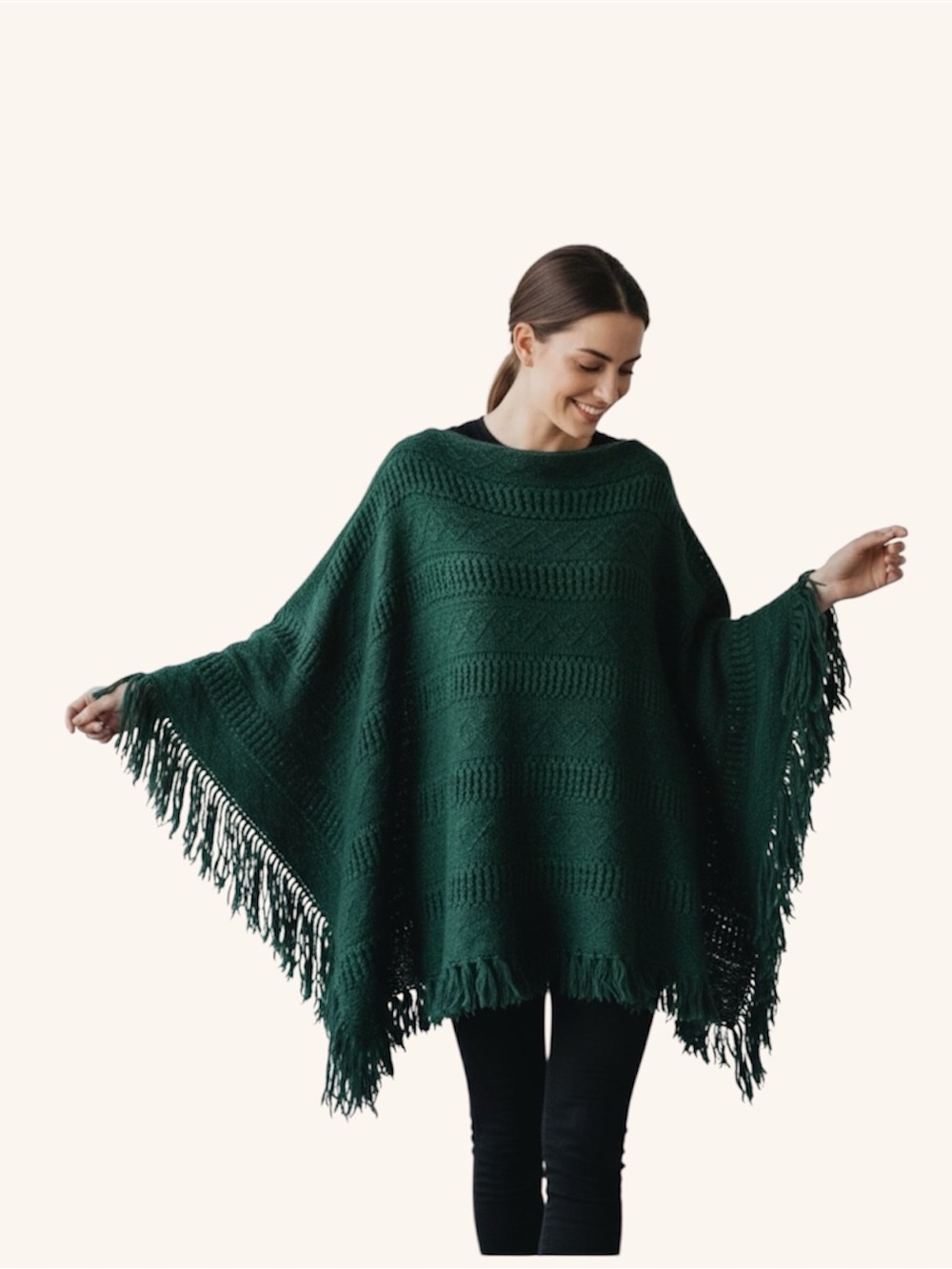 ANDTHEWAY Green Boho Poncho Fringe Sweater Oversized Knit Wrap Cozy Festival OS